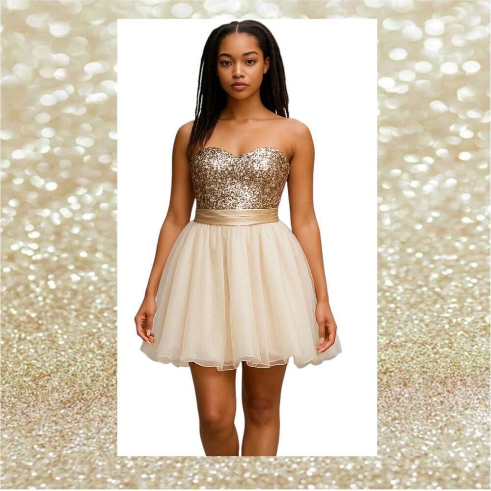Gold Sequin Mini Cocktail Dress Strapless Sweetheart Satin Waist Full Ballerina